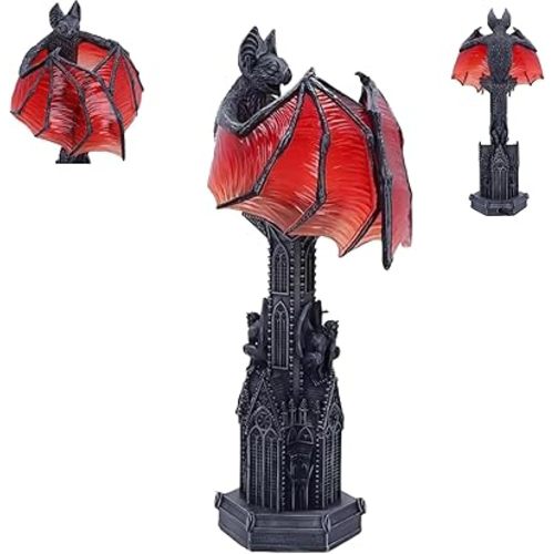 Gothic Wings of Night Bat Lamp – Red Glow Bat Night Light with Cathedral Base, Resin Gothic Lamp for Witchy Rooms, Vampire Table Lamp and Halloween Decor