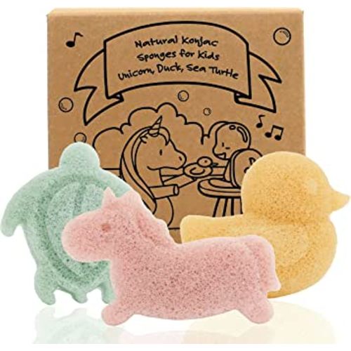 myHomeBody Konjac Baby Sponge for Bathing, Cute Shapes Natural Kids Bath loofah for Infants, Toddler, Newborns, Safe Plant-Based, 3pc. Set: Unicorn, Duck, Sea Turtle