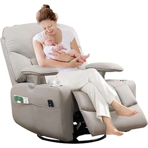 GRAINELL Rocking Chair Nursery, Electric Swivel Recliner Glider with Adjustable Armrests, Nursing Chair with USB Charger, Cup & Blanket Holders,Grey PU Leather