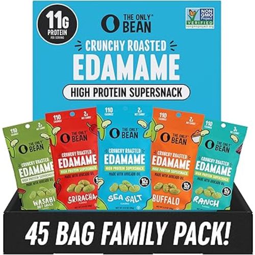 The Only Bean High Protein Snacks, Healthy Office Snacks, Healthy Snacks for Adults and Kids for Lunch, Vegan, Low Carb & Gluten Free - Edamame Beans Snack, Variety Pack - 0.9oz (Pack of 45)