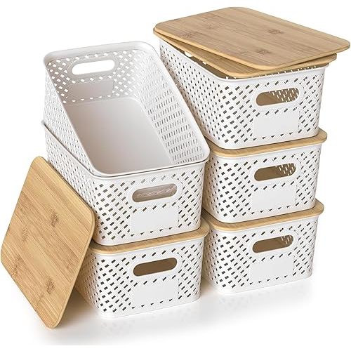 Plastic Storage Bins with Bamboo Lids, Stackable Small Box Baskets for Organizing and Containers for Shelves Drawers Desktop Closet Pantry Classroom Office Home, 6 Pack 10.2x7.2x4.1 Inch, White