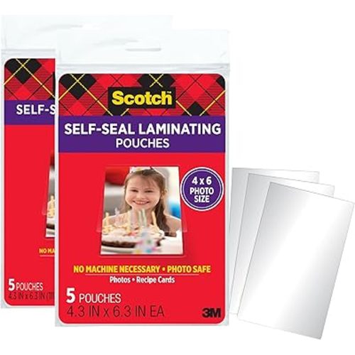 Scotch Self-Sealing Laminating Pouches, 4 x 6 Inches, 10 Pouches (2 Packs of 5) – Gloss Finish, Photo Safe, No Machine Needed (Cold Laminating Sheets)