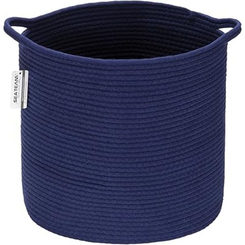 Sea Team Medium Size Cotton Rope Woven Storage Basket with Handles, Laundry Hamper, Trunk Organizer, Clothes Toys Bin for Kid's Room, 14 x 14 inches, Round Open Design, Dark Blue