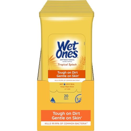 Wet Ones Antibacterial Hand Wipe, Travel Packs- Tropical Splash Scent, 20 Count (Pack of 10), 200 Wipes