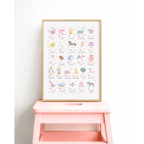 Pink Alphabet Print, Blush Playroom Decor, Nursery Wall Art, Heirloom Baby Girl A-Z Poster,