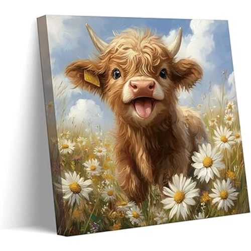 Highland Cow Baby Daisies Canvas Wall Art Cute Little Highland Cow Wall Decor Picture Fascinating Animals Poster Print for Bedroom Children's Room Nursery Artwork Home Decoration 12x12in