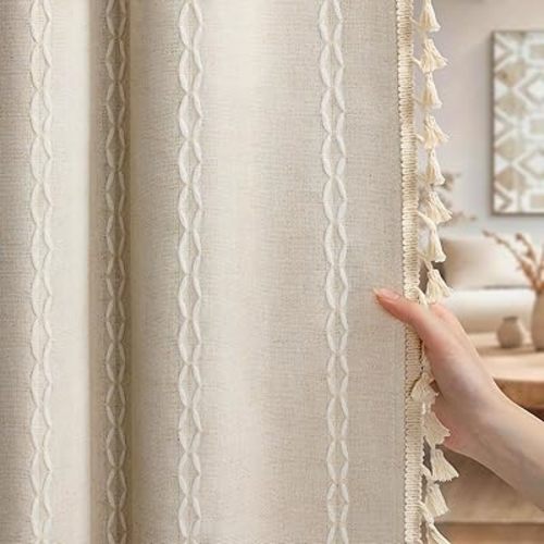 Boho Blackout Curtains 2 Panels 84 Inch for Living Room Bedroom, Beige Linen Texture Farmhouse Curtains with Tassels and Cotton Embroidery Vintage Rustic Western Rod Pocket
