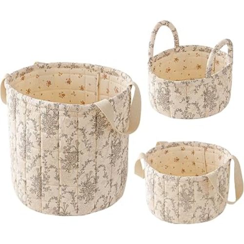 vctops 3 Packs Floral Cotton Quilted Storage Baskets with Handle (Type A)