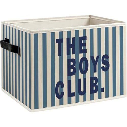 Kids Boy Nursery Playroom Foldable Storage Bins Box with Handles, the Boys Club Blue Striped Decorative Storage Boxes Baskets Toybox Organizer for Kids Boy Nursery Room Bedroom Playroom