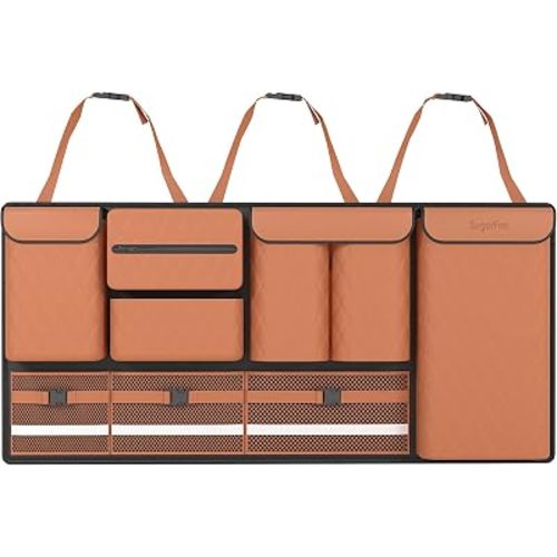 Backseat Hanging Organizer with Large Storage Bags | PU Leather, Large Capacity | Adjustable Straps, Waterproof & Collapsible | Universal Fit for SUVs, Sedans & Trucks | Brown, 37.8" x 18.1" - P810