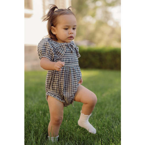 Baby Mae 3/4 Sleeves Romper in Prussian Blue Plaid