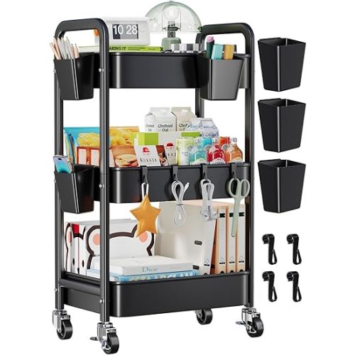 3 Tier Rolling Cart with Lockable Wheels, Metal Diaper Caddy Cart Organizer for Baby Essentials, Black Storage Utility Cart for Craft, Snack, Rolling Carts with Wheels for Lash Techs, Art, Bathroom
