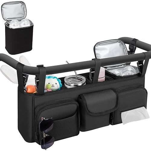 GDNasist Double Stroller Organizer Compatible with Bob Duallie and Baby Jogger City Mini GT2, Double Baby Stroller Accessories with Cooler Bag, Parent Console Double Jogging Stroller Caddy, Black