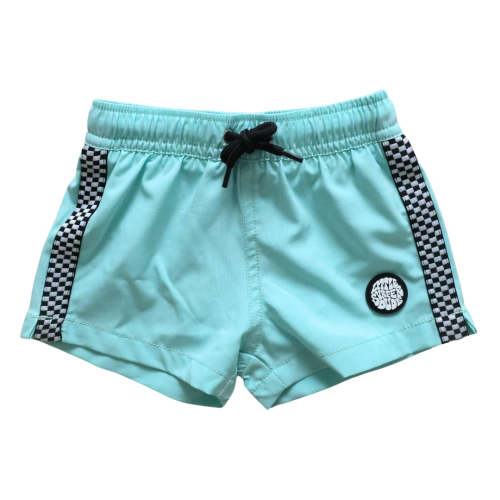Checkered Stripe Blue Little Surfer Dude Swim Trunks