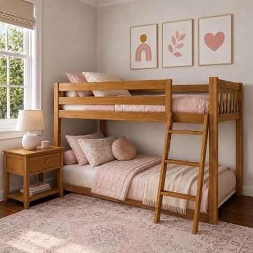 Max & Lily Fundamental Twin Low Bunk Bed, Kids Solid Wood Modern Bed Frame with Strong Wooden Slats, Non-Toxic Finishes, High Weight Capacity, Pecan