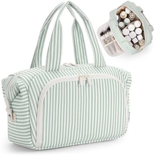 Narwey Travel Toiletry Bag for Women, Wide Open Large Makeup Bag, Cosmetic Bag Make Up Organizer with Handle, Wet Pocket for Towel, Travel Bag for Toiletries, Brushes, Essentials (Mint Green Stripe)