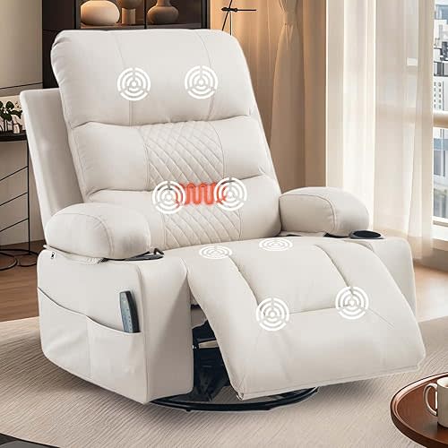 KCQ Power Swivel Rocker Recliner Chair with Massage and Heat USB Port Overstuffed Faux Leather Electric Rocking Glider Chair for Nursery, Beige