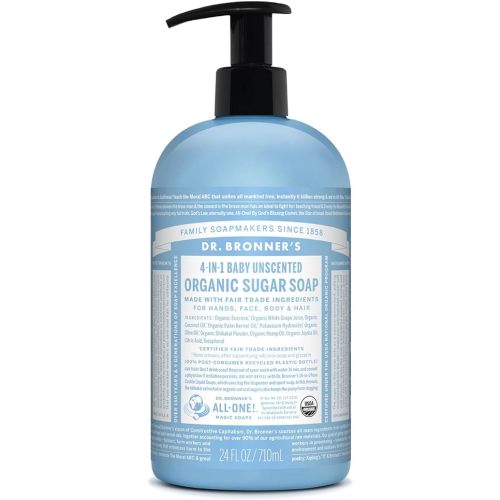 Dr. Bronner's Organic Sugar Soap (Baby Unscented, 24 Ounce) - Made with Regenerative Certified Organic Oils, Sugar & Shikakai Powder, 4-in-1 Use: Hands, Body, Face and Hair- Liquid Soap, Nourishes