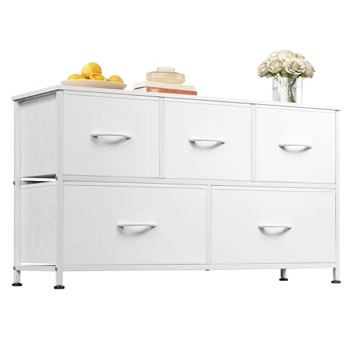 WLIVE Wide Dresser for Bedroom, 5 Drawer Chest of Drawers, White | 5 roomy fabric drawers, Wide storage design, Bedroom or closet use, Sturdy steel frame, Smooth wood tabletop