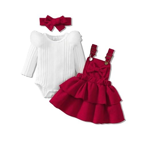 Baby Girl Fall Winter 3 Piece Corduroy Overall Dress with Headband | Long Sleeve Ribbed Bodysuit, Ruffle Shoulders, Adjustable Straps, Tiered Skirt, Bow Detail, Birthday Outfit