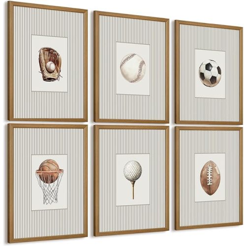 Sports Wall Art Decor Toddler Boys Room Canvas Prints Vintage Sports Nursery Wall Decor Baby Kids Poster Football Baseball Pictures Basketball Theme Artwork for Children Bedroom 8x10 Inch Wood Framed