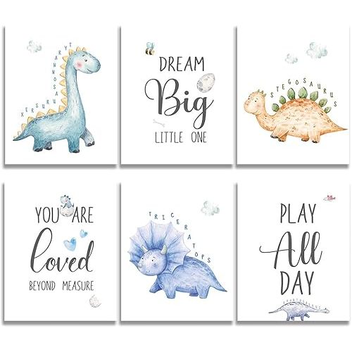SUUURA-OO Dream Big Cute Baby Dinosaur Watercolor Art Print - Set of 6 (8'X10') Dinosaur Inspirational Decor - Living Room Bedroom Home Decor - Nursery Art Poster, Unframed