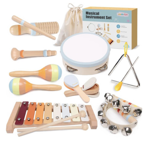 Baby Musical Instruments Set - Montessori Wooden 18 Month Old Baby Musical Toys, Toddler Percussion Instruments Xylophone Maracas Tambourine for Toddlers 1-3, 1 2 3 Year Old Girls Boys Birthday Gifts