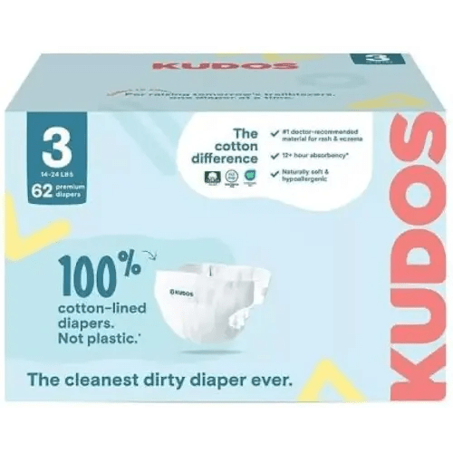 Kudos Chlorine Free Premium Diapers, Cotton-Lined, Size 3, 31 * 2=62 Count, 14-24 lbs
