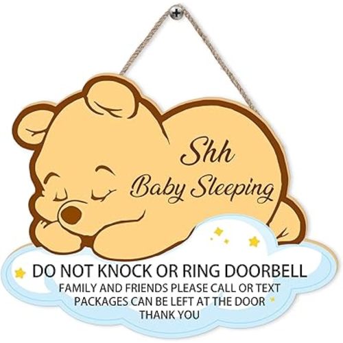 Shhh Baby Sleeping Wooden Sign for Front Door - Please Do Not Knock Or Ring Doorbell, No Knocking Door Sign Adorable Baby Stuff - Nursery Hanging for Home Kids Room