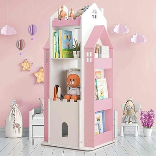 Kids Bookshelf 360° Castle Pink Rotating Bookshelf Toy Storage Organizer Rack Revolving Corner Bookshelf for Kids Toddler Children Home Office Furniture Bookcase
