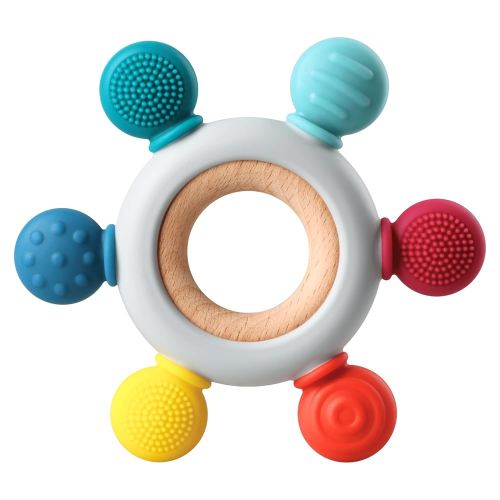 Baby Teething Toys, Silicone Chewable Teethers with Wooden Ring for Soothing Babies Gums, Rudder Chewers Shower Gift for lnfants & Toddlers, 3+ Months (6 Directions, Ocean)