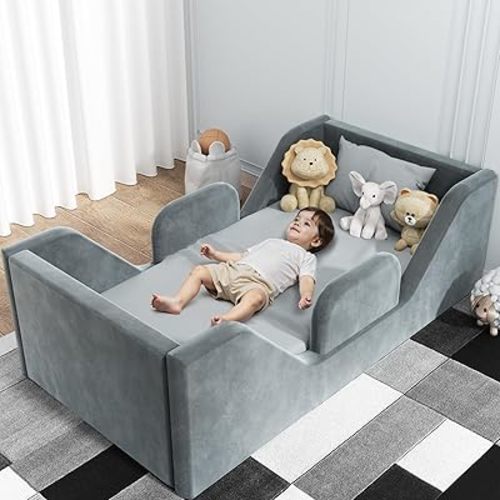 Toddler Bed, Toddler Flood Bed with Extra Safety Broad, Standard Crib Size for Kids, Certified Fabric Toddler Beds, Grey
