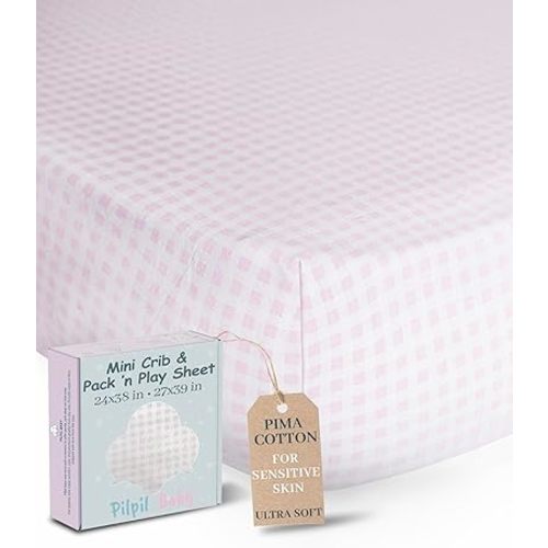 Mini Crib Sheet for Pack ’n Play 24x38 & 27x39 – 100% Peruvian Pima Cotton – Softer Than Muslin – Breathable & Hypoallergenic – Baby Bedding for Sensitive Skin – Pilpil Baby – Pink Gingham