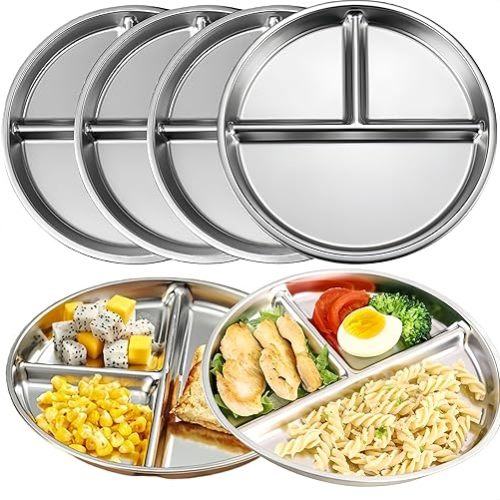 Stainless Steel Plates 6 Pack , 9 Inch Non Toxic Unbreakable Divided Plates