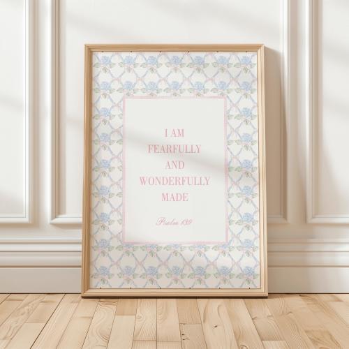 Christian Girl Nursery Wall Art, I am Fearfully and Wonderfully Made, Psalm 139, Pink Grandmillennial Nursery Print, Girl Room Bible Print
