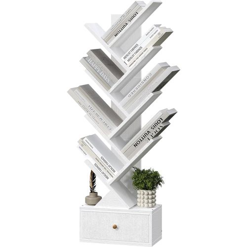 9 Tier Tree Book Shelf with Drawer, Floor Standing Bookshelf Storage Organizer Bookshelves for Books/CDs, 9 Shelf Narrow Bookcase for Sturdy Room, Bedroom, Living Room, Relief White