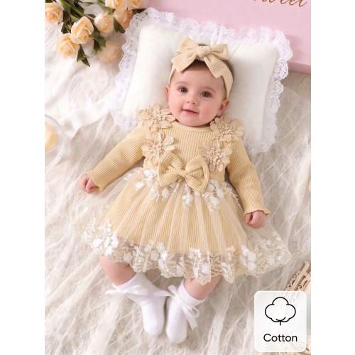 SHEIN Newborn Baby Girl Brown Summer Cute Lace Birthday Dress Pit Stripe Embroidery Flower Bow Mesh Splicing 2-Piece Set Autumn Winter Elegant Shooting