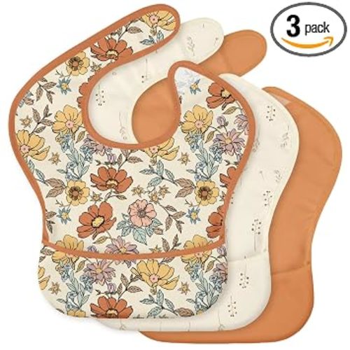 3 Pack Waterproof Baby Bibs for Eating, Mess Proof Feeding Bib | Lightweight & Wipeable Toddler Food Bibs, Large Catch-All Pocket, Food-Grade Baby Eating Essentials Gifts, Retro Floral