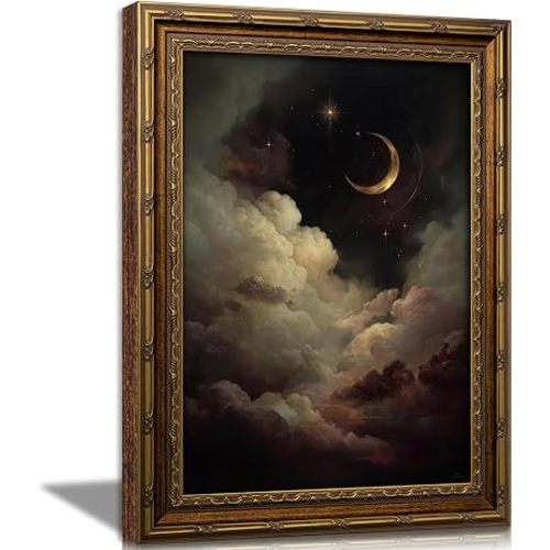 Vintage Gold Framed Celestial Wall Art, Moody Moon and Stars Gothic Painting Canvas Print, Dark Academia Wall Decor,Mystical Celestial Poster Artwork, for Living Room Bedroom Bathroom