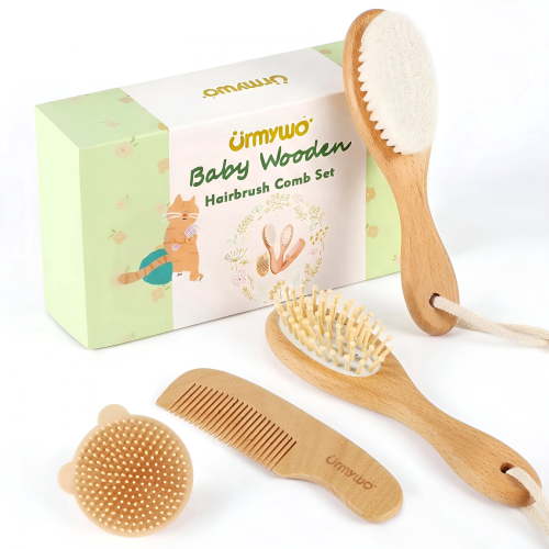 ACDANC 4-Piece Baby Brush and Comb Set, Soft Bristle Wooden Hairbrush for Newborns, Cradle Cap Care Kit with Storage Box, Gentle Infant Grooming Essentials for Baby Shower Gift
