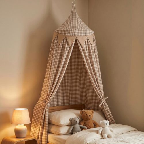 Beige Gingham Kids Bed Canopy | Extra Long Cotton Scandinavian Nursery Decor