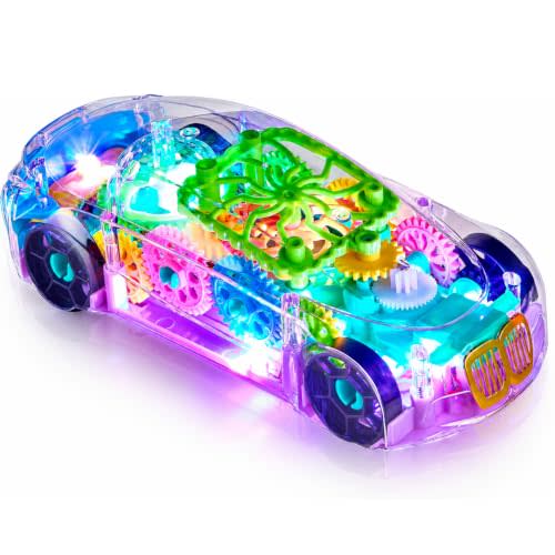 Playbees Light-Up Transparent Car - Autism Sensory Toy for Kids Ages 3-8 | Bump and Go Action; Colorful Spinning Gears; Flashing Music and Sound; Special Needs Gift Idea; Toddler Cause and Effect Play