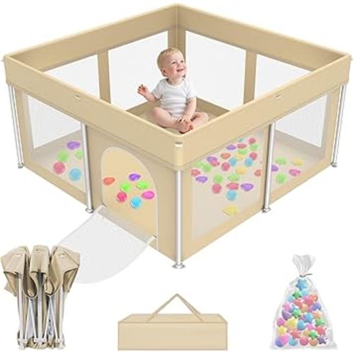 Foldable Playpen for Babies and Toddlers,50"×50" Collapsible Play Pen with 50 Ball Pit Balls, Portable Indoor & Outdoor Play Yard, Baby Fence with Carry Bag, Mat Not Include, Beige
