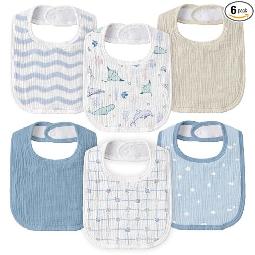 GLLQUEN BABY Muslin Drool Bibs for Boys Girls 6 Pack, Adjustable Baby Bibs for Drooling and Teething, Soft Cotton Baby Bandana Bib for Newborn Feeding Essentials (Ocean Whimsy)