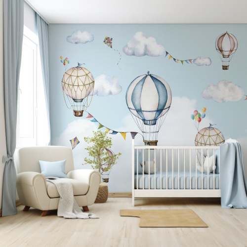 Balloons - Hot Air Balloons Children's Watercolour Sky Scene Wallpaper Mural