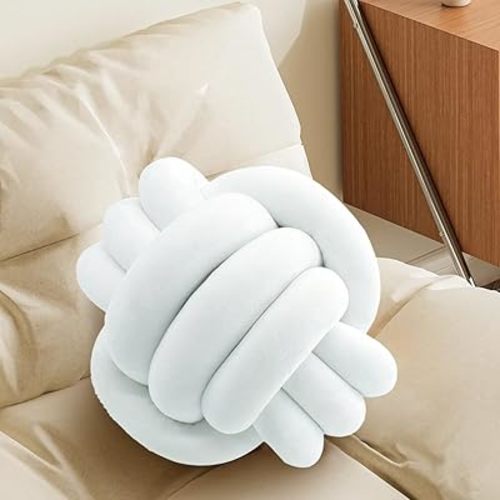 White Knot Pillow Ball, Handmade Decorative Throw Pillow, Soft Round Knotted Cushion for Couch & Bedroom, Cute Home Decor, Braided Pillow for Living Room (10.6 Inches)