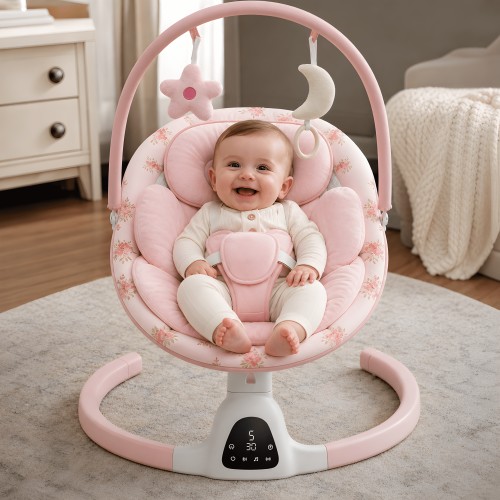 PRVAETU Baby Swing for Infants,5 Speeds,10 Lullabies,5-Point Harness,Electric Rocking Chair for Toddlers with Bluetooth,Remote Control,Touch Panel,, Pink Flower