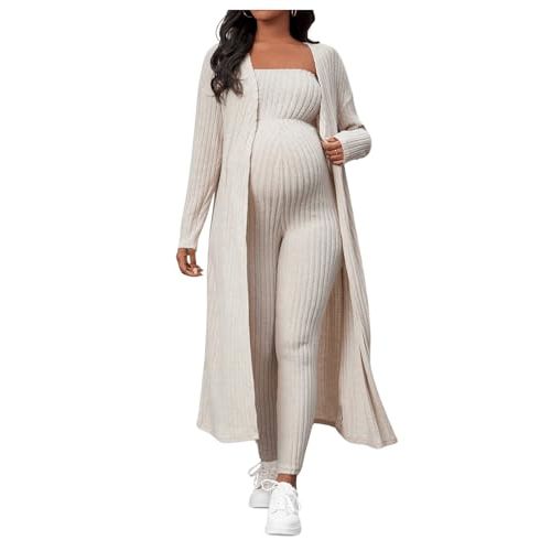 BEAUDRM Women's Maternity Ribbed 2 Piece Outfit Strapless Skinny Leg Jumpsuit and Long Sleeve Cardigan Set
