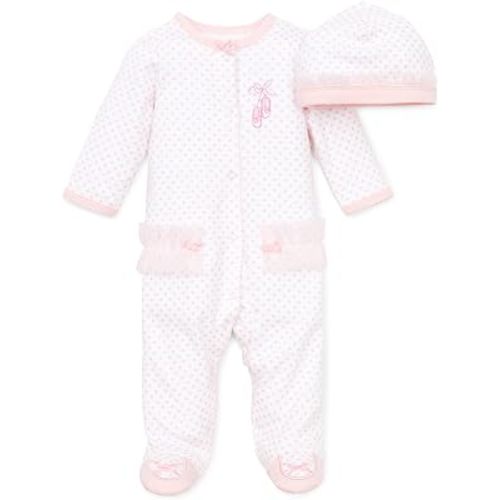 Little Me Clothes for Baby Girls 100% Cotton Scratch-Free Tag Footed One-Piece Romper and Hat Sleeper Set