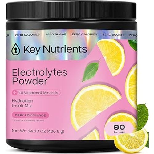 KEY NUTRIENTS Multivitamin Electrolytes Powder No Sugar - Fresh Pink Lemonade Electrolyte Powder - Endurance & Energy Supplement - Hydration Powder - No Calories - 90 Servings - Made in USA